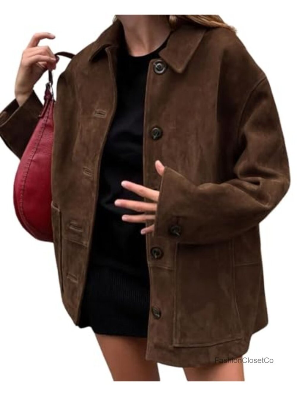 Faux Suede Leather Midi Shacket Button Down Coat